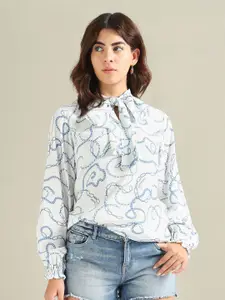 U.S. Polo Assn. Women Geometric Printed Tie-Up Neck Cuffed Sleeves Top