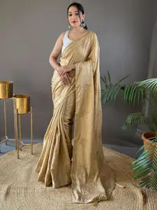 LeeliPeeri Designer Cream-Coloured & Gold-Toned Ethnic Motifs Embroidered Silk Blend Designer Saree