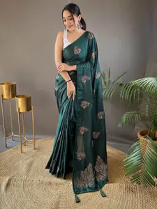 LeeliPeeri Designer Green & Gold-Toned Ethnic Motifs Embroidered Silk Blend Saree