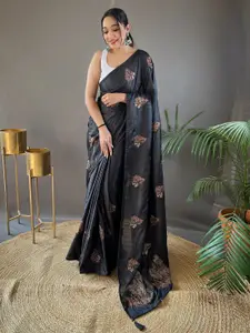LeeliPeeri Designer Black & Gold-Toned Ethnic Motifs Embroidered Silk Blend Saree