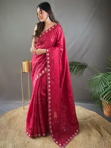 LeeliPeeri Designer Red Floral Embroidered Silk Blend Saree