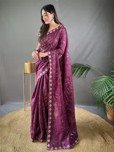 LeeliPeeri Designer Purple & White Floral Embroidered Silk Blend Saree