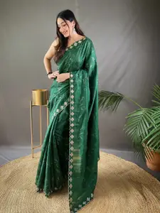 LeeliPeeri Designer Green & Gold-Toned Floral Silk Blend Saree