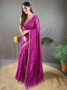 LeeliPeeri Designer Pink Floral Embroidered Silk Blend Saree