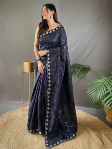 LeeliPeeri Designer Black & Silver-Toned Floral Embroidered Silk Blend Saree