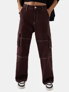 The Souled Store Burgundy Women Straight Fit Pure Cotton Cargo  Jeans