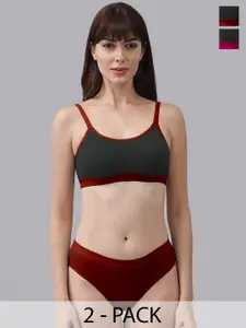 PIBU Pack Of 2 Colourblocked Non-Padded Cotton Bra With Bikini Brief