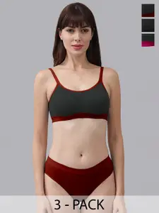 PIBU Pack Of 3 Colourblocked Non-Padded Cotton Bra With Bikini Brief