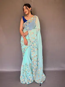 LeeliPeeri Designer Blue & Gold-Toned Floral Embroidered Poly Chiffon Saree