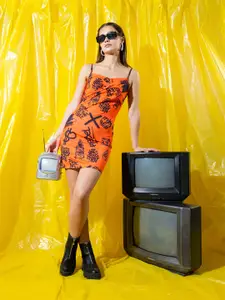 Stylecast X Hersheinbox Oramge Conversational Printed Shoulder Straps Bodycon Mini Dress