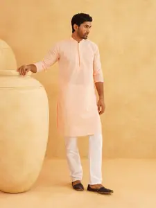 SOJANYA Geometric Embroidered Mandarin Collar Pure Cotton Kurta with Churidar