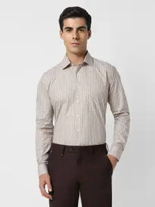 Van Heusen Men Beige Slim Fit Grid Tattersall Checks Opaque Checked Formal Shirt
