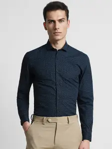 Peter England Blue Slim Fit Cotton Opaque Printed Formal Shirt