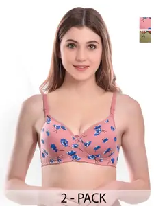 Aamarsh Pack Of 2 Floral Printed Cotton Lightly Padded Bra &  Mid-Rise Briefs