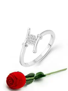 Vighnaharta Rhodium Plated CZ Studded Finger Ring With Rose Box