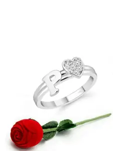 Vighnaharta Rhodium-Plated Cubic Zirconia Studded Adjustable Finger Ring With Rose Box