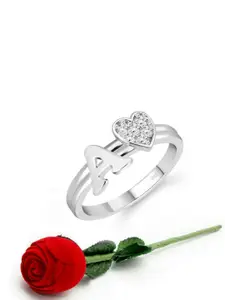 Vighnaharta Rhodium-Plated Cubic Zirconia Studded Finger Ring With Rose Box