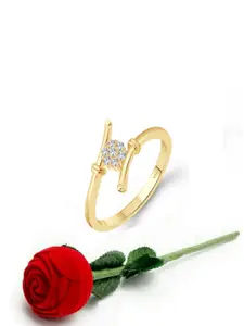 Vighnaharta Gold-Plated CZ Studded Adjustable Finger Ring With Rose Box