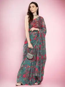 Ahalyaa Green & Red Floral Printed Saree