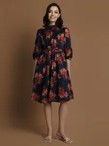 Allen Solly Woman Allen Solly Women Tie-Up Neck Floral Printed Cuffed Sleeves Fit & Flare Dress