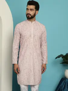 SOJANYA Floral Embroidered Pure Cotton Mandarin Collar Straight Kurta