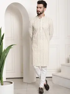 SOJANYA Geometric Embroidered Mandarin Collar Pure Cotton Kurta With Churidar