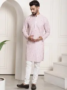 SOJANYA Floral Embroidered Band Collar Pure Cotton Kurta With Churidar