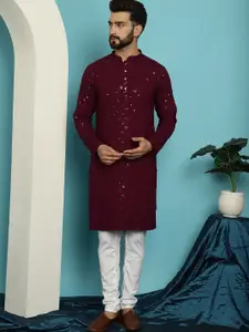 SOJANYA Geometric Embroidered Mandarin Collar Sequinned Pure Cotton Kurta with Churidar