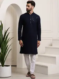 SOJANYA Geometric Embroidered Mandarin Collar Sequinned Pure Cotton Kurta With Churidar