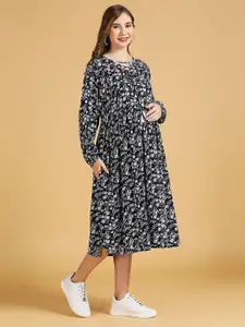 MomToBe Floral Printed Maternity Tie-Up Neck A-Line Midi Dress