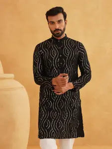 SOJANYA Geometric Embroidered Mandarin Collar Sequined Pure Cotton Straight Kurta
