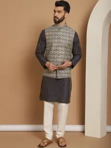 Anouk Men Geometic Embroidered Kurta With Churidar & Woven Design Nehru Jacket