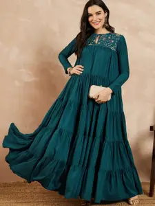 Inddus Keyhole Neck Long Sleeves Embroidered Tiered A-Line Ethnic Dress