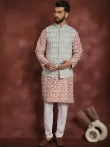 Anouk Floral Embroidered Regular Thread Work Kurta & Churidar With Nehru Jacket