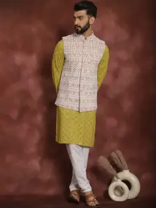 Anouk Mandarin Collar Geometic Embroidered Kurta With Churidar & Nehru Jacket