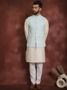 Anouk Floral Embroidered Mandarin Collar Thread Work Kurta & Churidar With Nehru Jacket