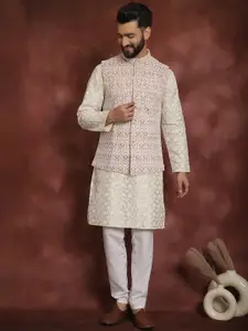 Anouk Men Floral Embroidered Thread Work Straight Kurta With Pyjama & Nehru Jacket