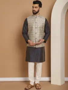 Anouk Embroidered Regular Thread Work Jacquard Silk Kurta With Churidar & Nehru Jacket
