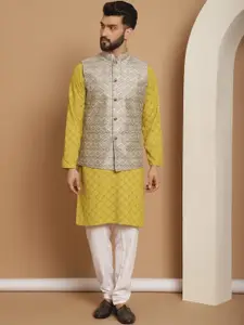 Anouk Men Geometic Embroidered Kurta With Churidar & Woven Design Nehru Jacket