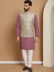 Anouk Sequinned Mandarin Collar Regular Kurta & Churidar With Nehru Jacket