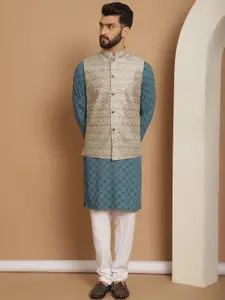 Anouk Embroidered Regular Thread Work Cotton Kurta With Churidar & Nehru Jacket