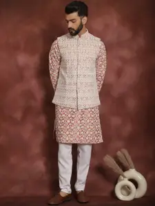 Anouk Floral Embroidered Regular Kurta with Churidar & Nehru jacket
