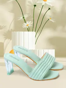 DressBerry Green Textured Open Toe Block Heels