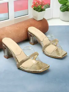 DressBerry Gold-Toned Textured Embellished Open Toe Block Heels