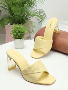DressBerry Yellow Textured Open Toe Block Heels