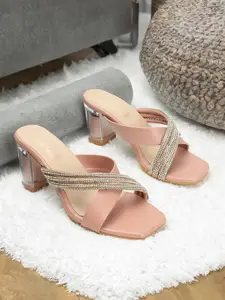 DressBerry Nude-Coloured Embellished Open Toe Block Heels