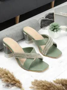DressBerry Green Embellished Open Toe Block Heels