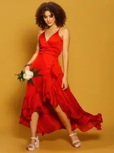 Sera Red Shoulder Strap Ruffled Satin Maxi Dress