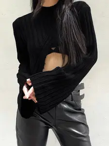 KPOP Black Cable Knit Turtle Neck Long Sleeves Crop Pullover Sweater