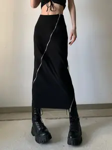 KPOP Black Straight Zipper Maxi Skirt